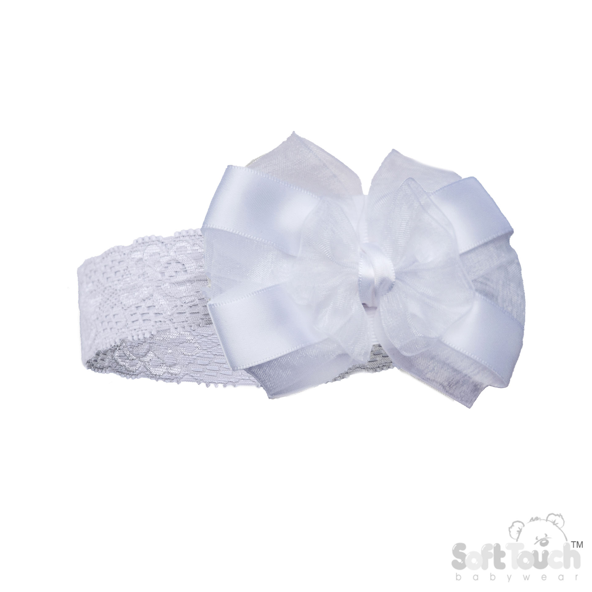 White Lace Headband w Satin/Organza Bow : HB116-W