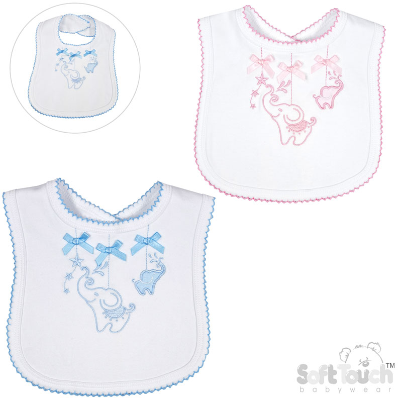 White Velcro Bib w/Pink or Blue Elephant Embroidery : P3615-BP