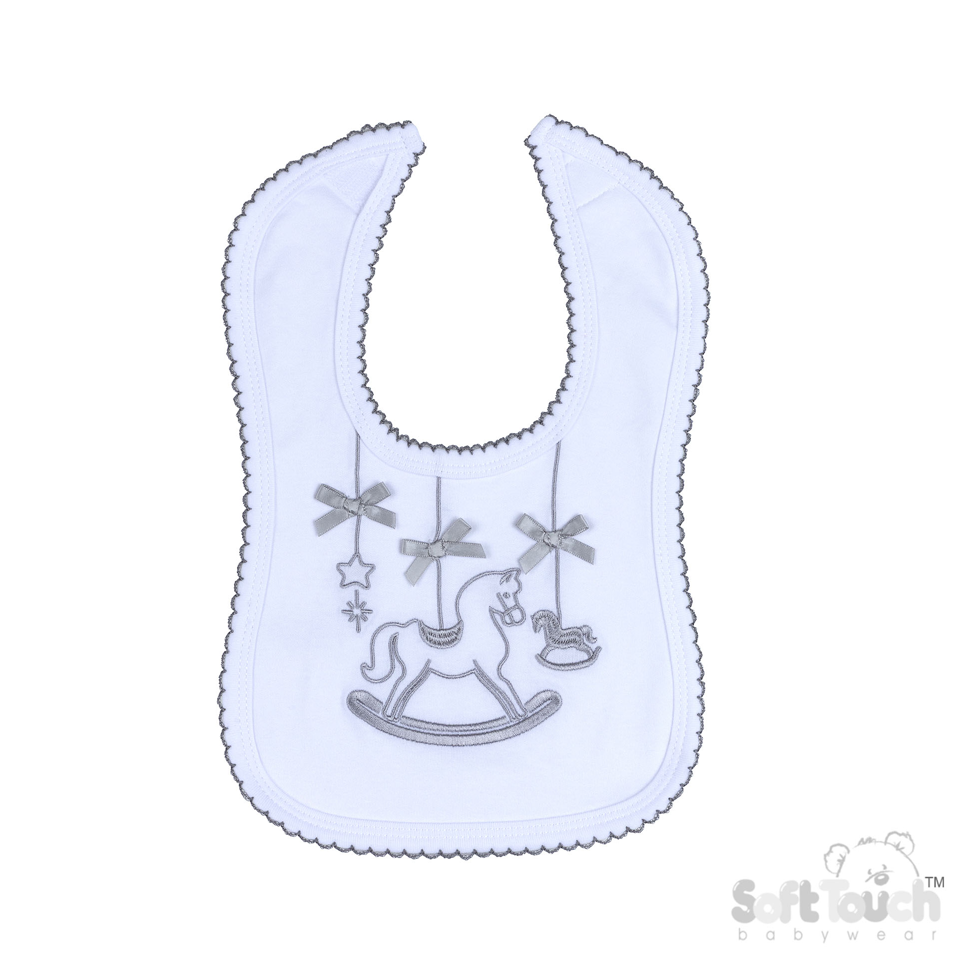 White Velcro Bib w/Grey Rocking Horse Embroidery : P3617-BP-G