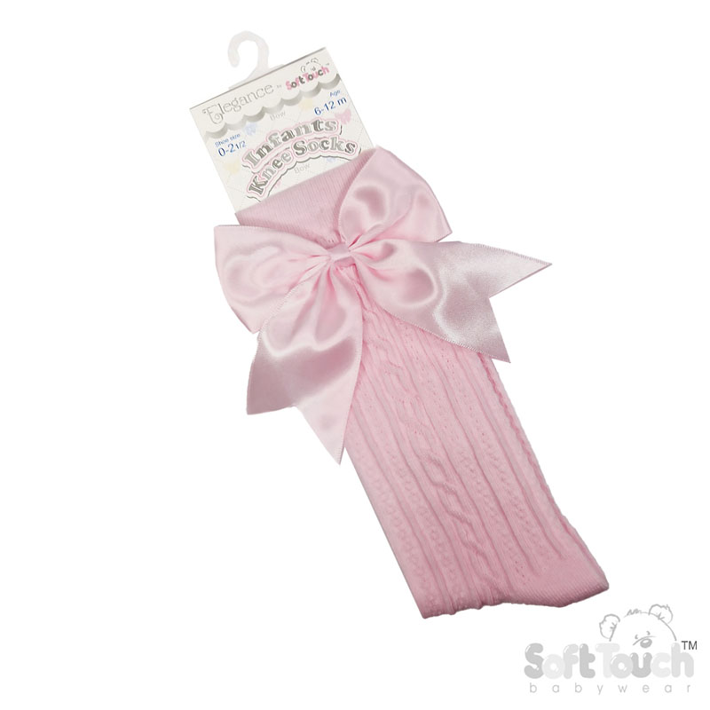 Baby Pink 'Elegance' Knee Length Socks w/Satin Bow : S350-BP