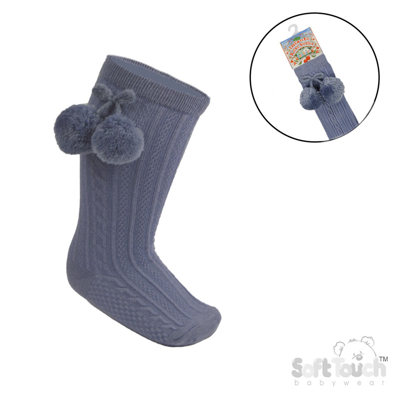 Dusty Blue 'Elegance' Knee Length Socks w/Pom Pom : S355-DB